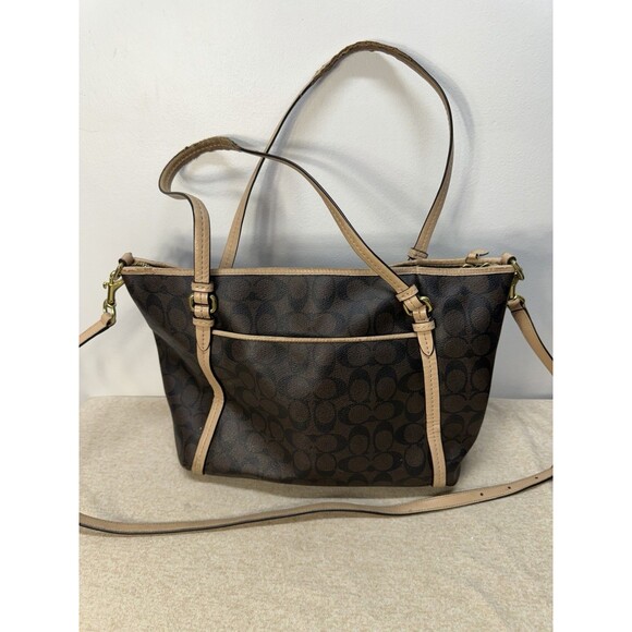 Coach Authentic Peyton Signature Brown Leather Monogram Zip Carryall Shoulder - Picture 12 of 16